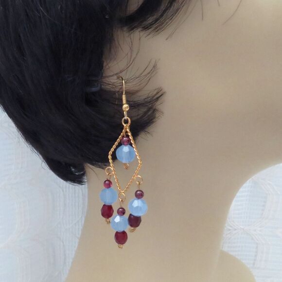 Handmade Garnet Chandelier Earrings on Gold Toned Diamond Shapes for Women - Picture 3 of 7